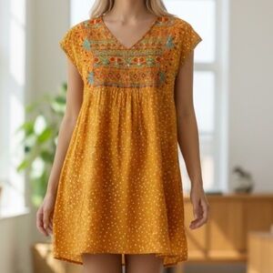 Savanna Jane Small Mustard Yellow Embroidered Boho Dress Small Polka Dot